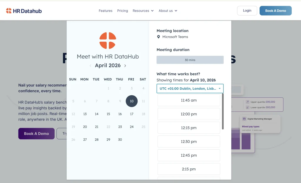The booking calendar CTA in HR Datahub's site.