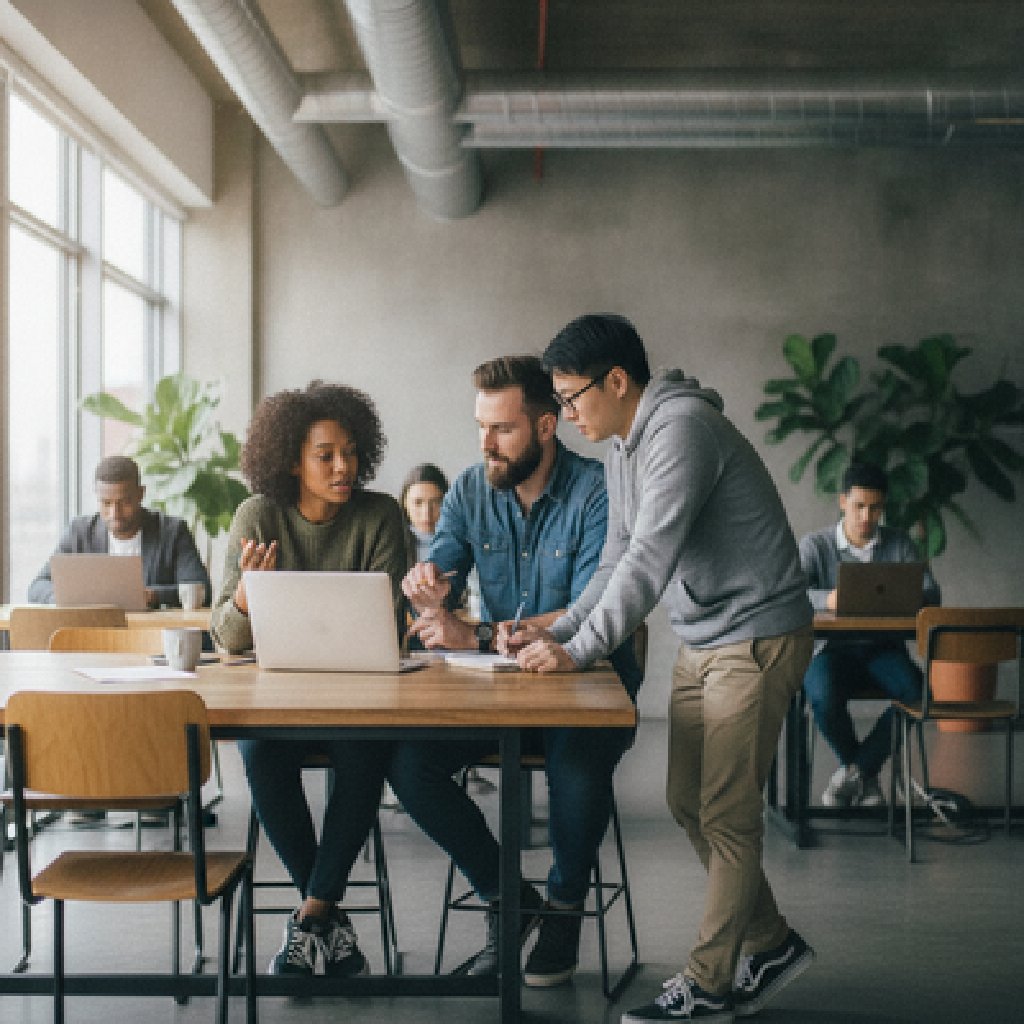 Three diverse colleagues collaborating over a laptop at a shared table in a coworking space.
