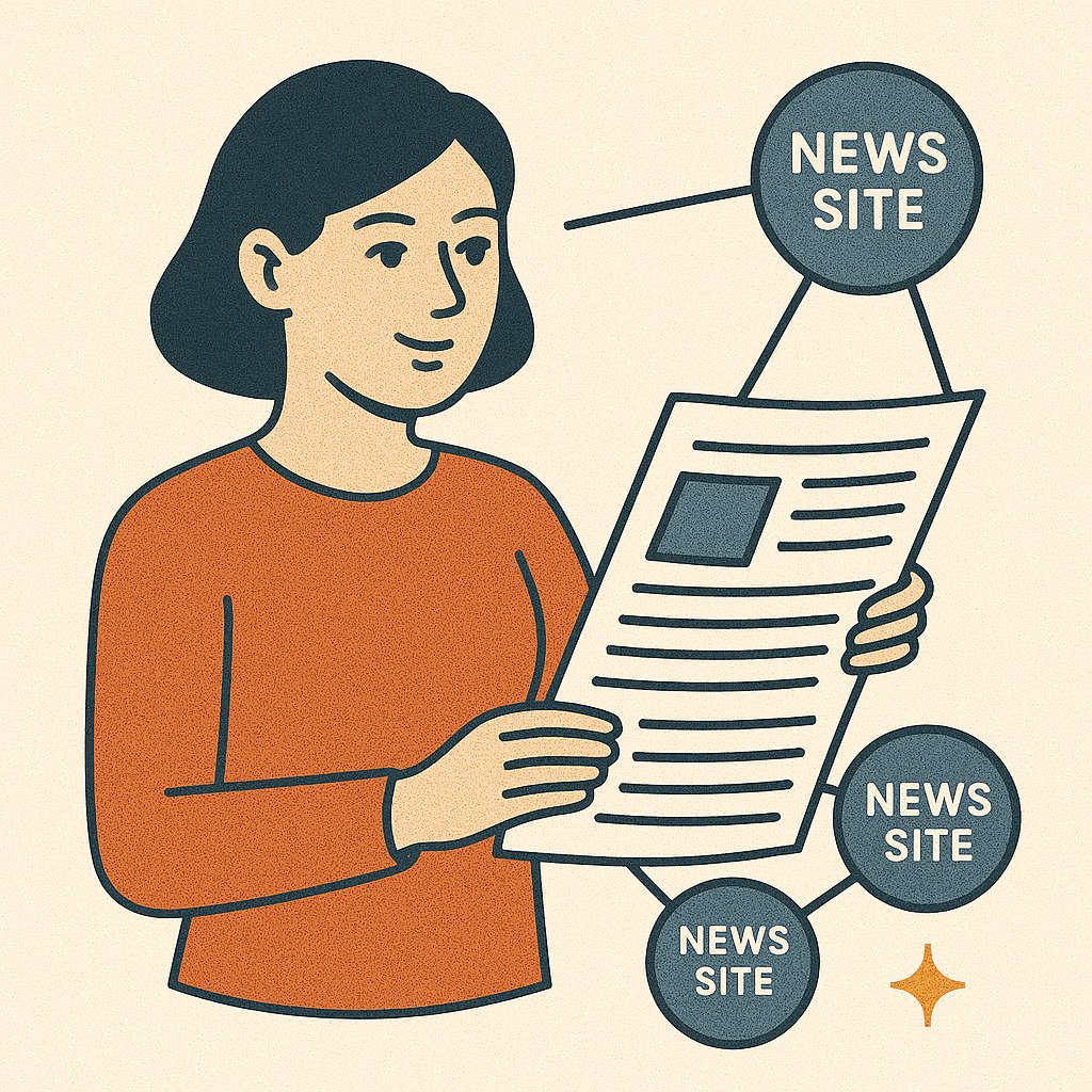 Illustration of a person reading a news site, symbolising brand visibility across publications.
