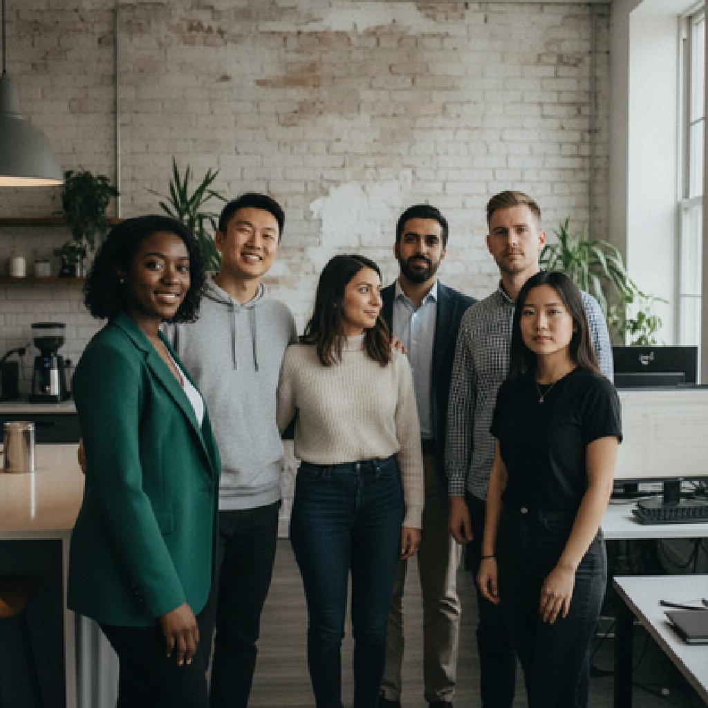 Candid team photo of a diverse tech consulting team standing together in their office.