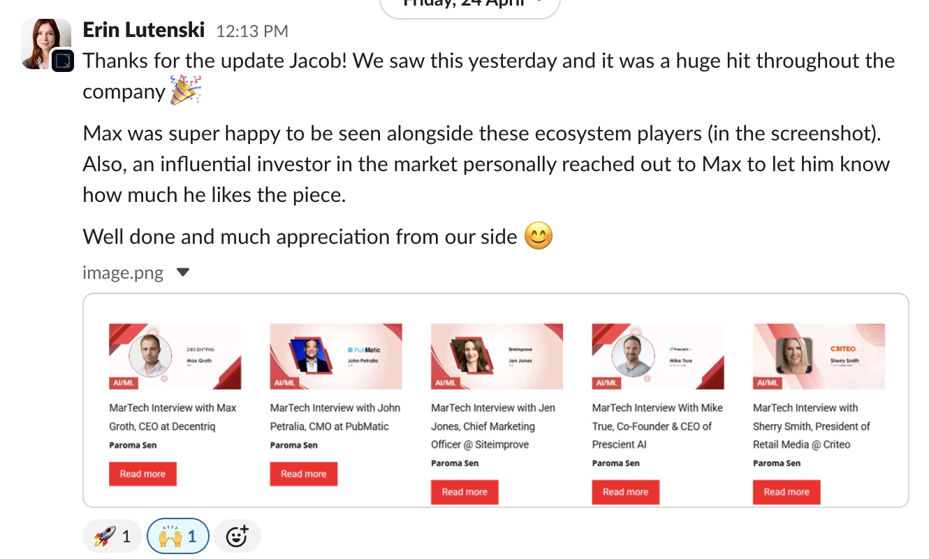 Slack message from Erin Lutenski thanking the team for the MarTech Series executive interview coverage.