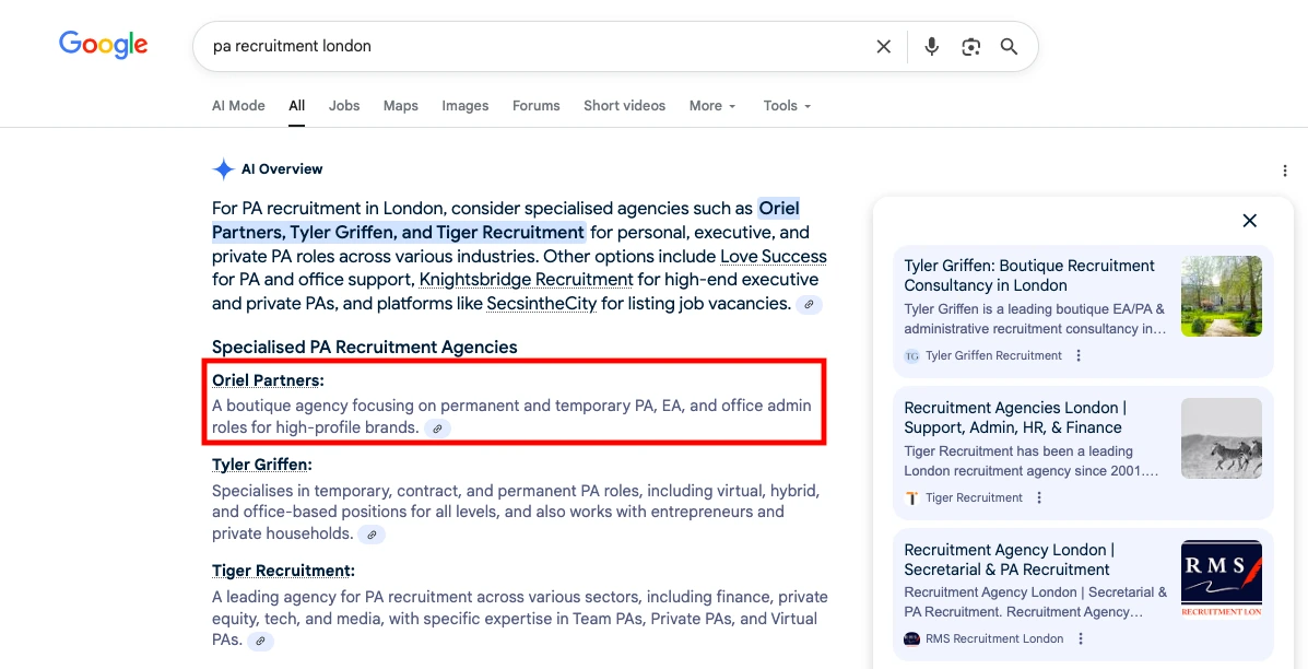 Google AI Overview recommending Oriel Partners for PA recruitment London.