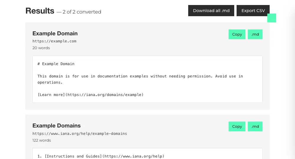 Example results from the URL to Markdown