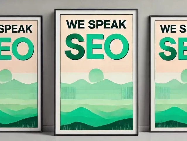 Framed posters reading 'We Speak SEO', symbolising clear translation of complex SEO concepts.