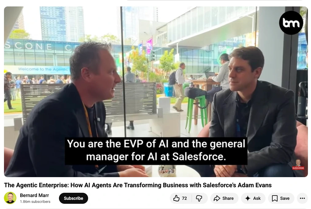 A screenshot of Bernard Marr's YouTube interview with Salesforce's Adam Evans on the agentic enterprise,