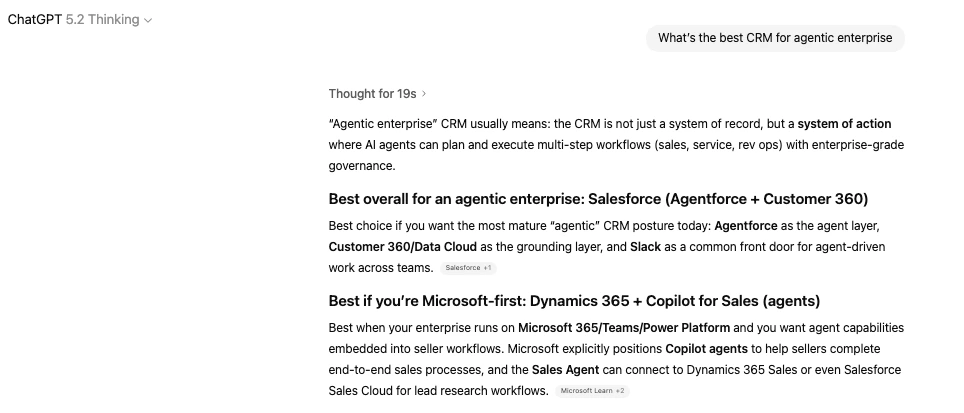 ChatGPT response for the prompt "what's the best CRM for agentic enterprise."