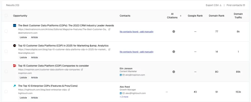 The dashboard of ListBrew.ai, a listicle outreach tool developed by Position Digital.