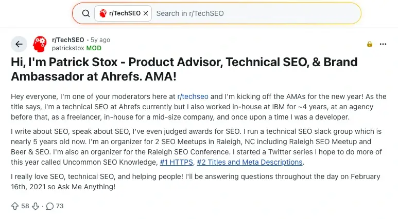 The AMA Reddit thread of Patrick Stox, Technical SEO at Ahrefs.