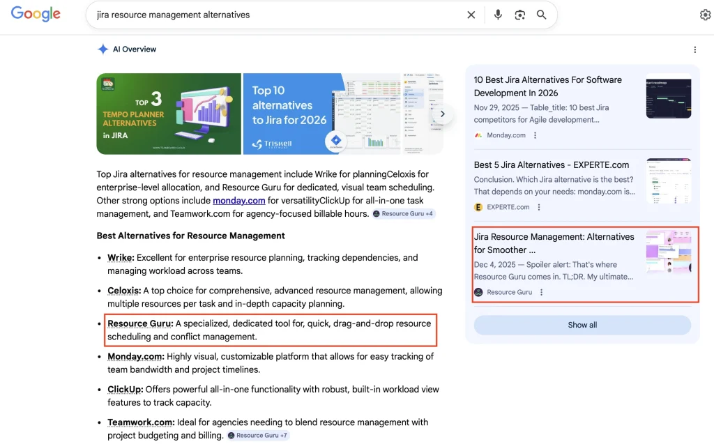 AI Overview results for the keyword "Jira resource management alternatives."