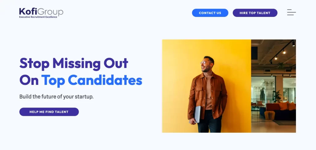 The homepage of Kofi Group, a recruitment agency specializing in connecting startups with talented software engineers.