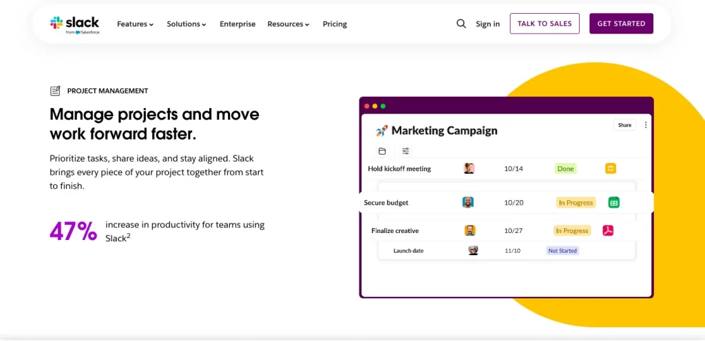 Slack's project management boosts productivity by 47%, aligning tasks and ideas for seamless teamwork.