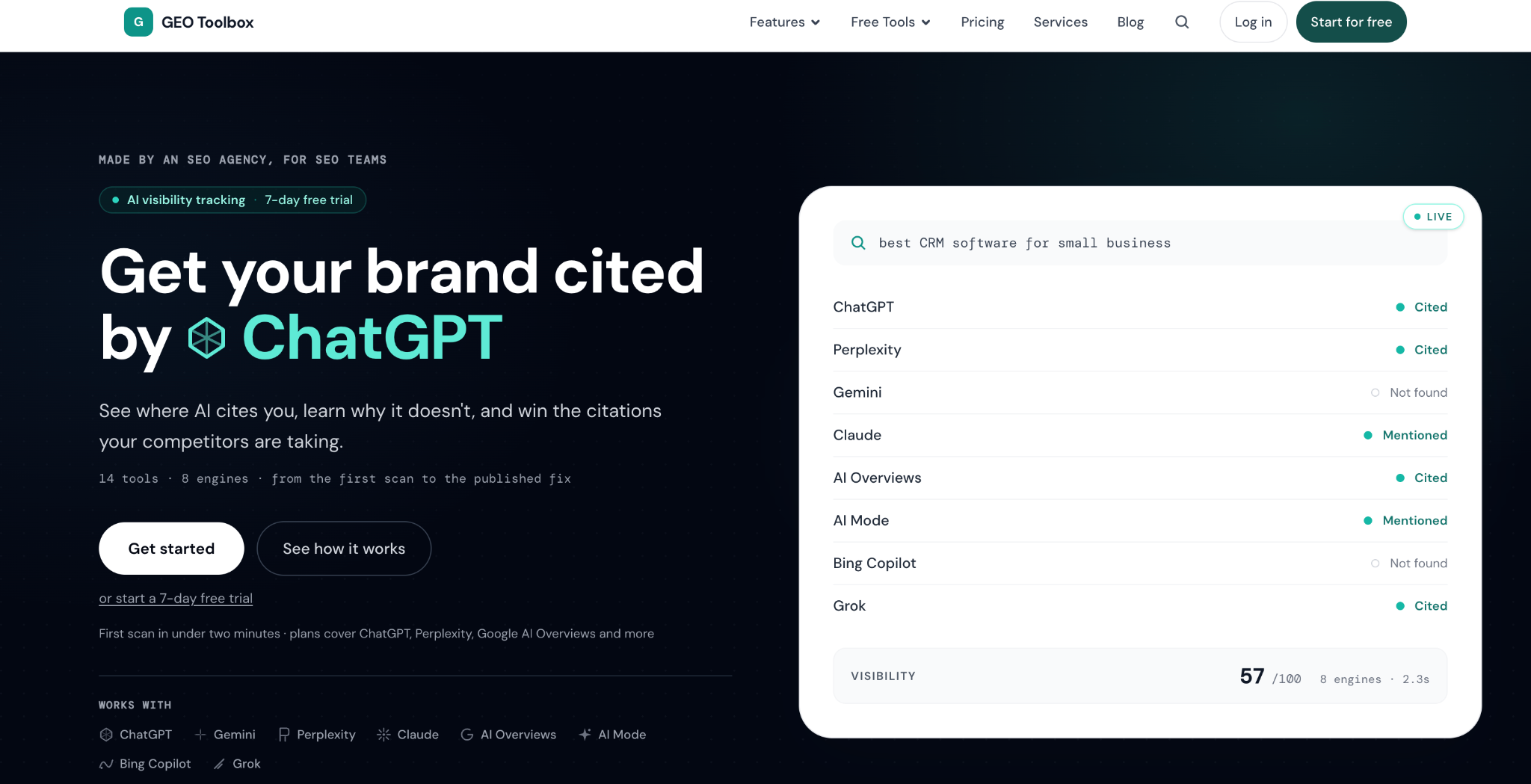 GEO Toolbox homepage: "Get your brand cited by ChatGPT" — live AI visibility scan across 8 engines.