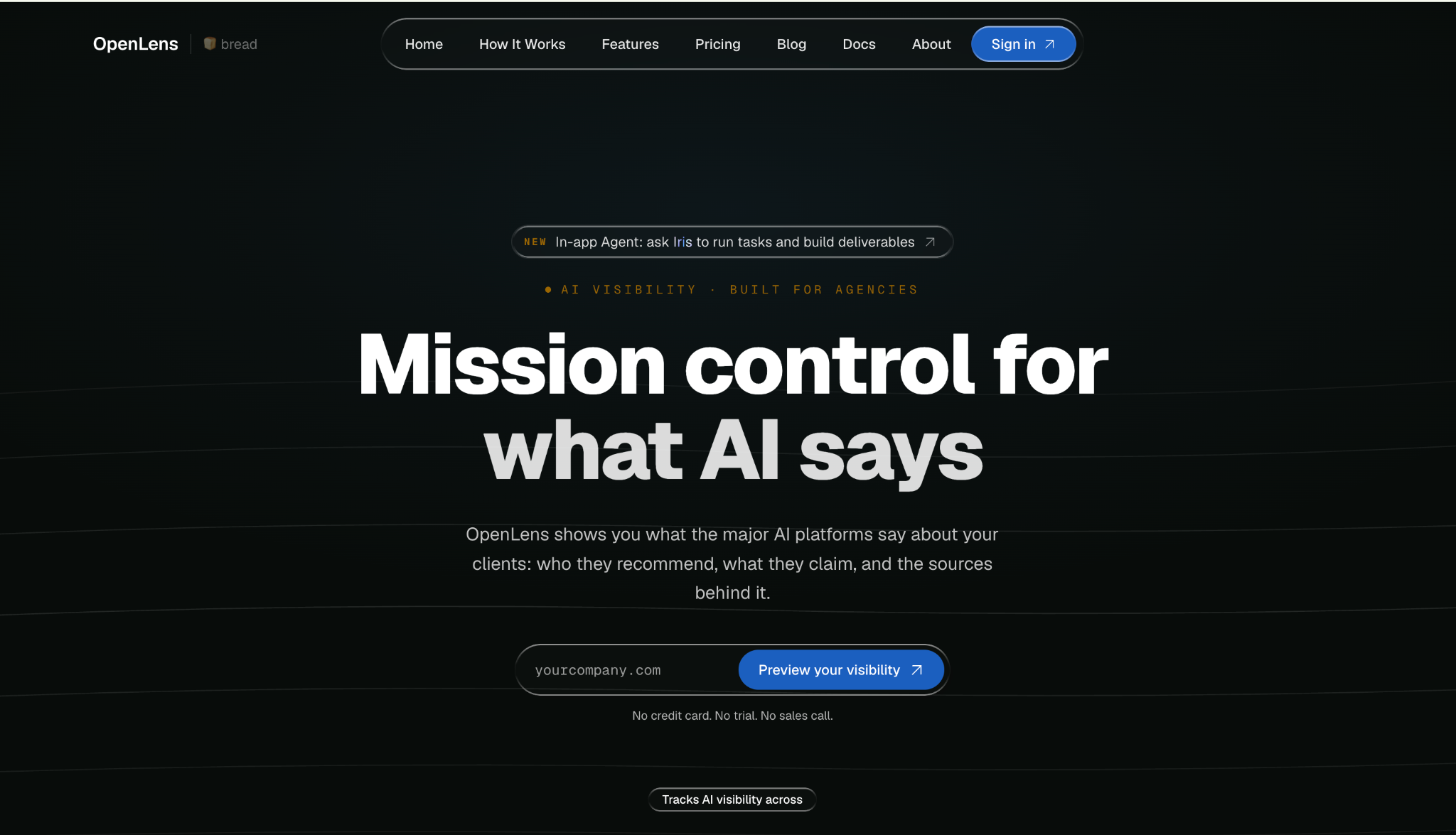 OpenLens homepage: "Mission control for what AI says" — AI visibility tracking built for agencies.