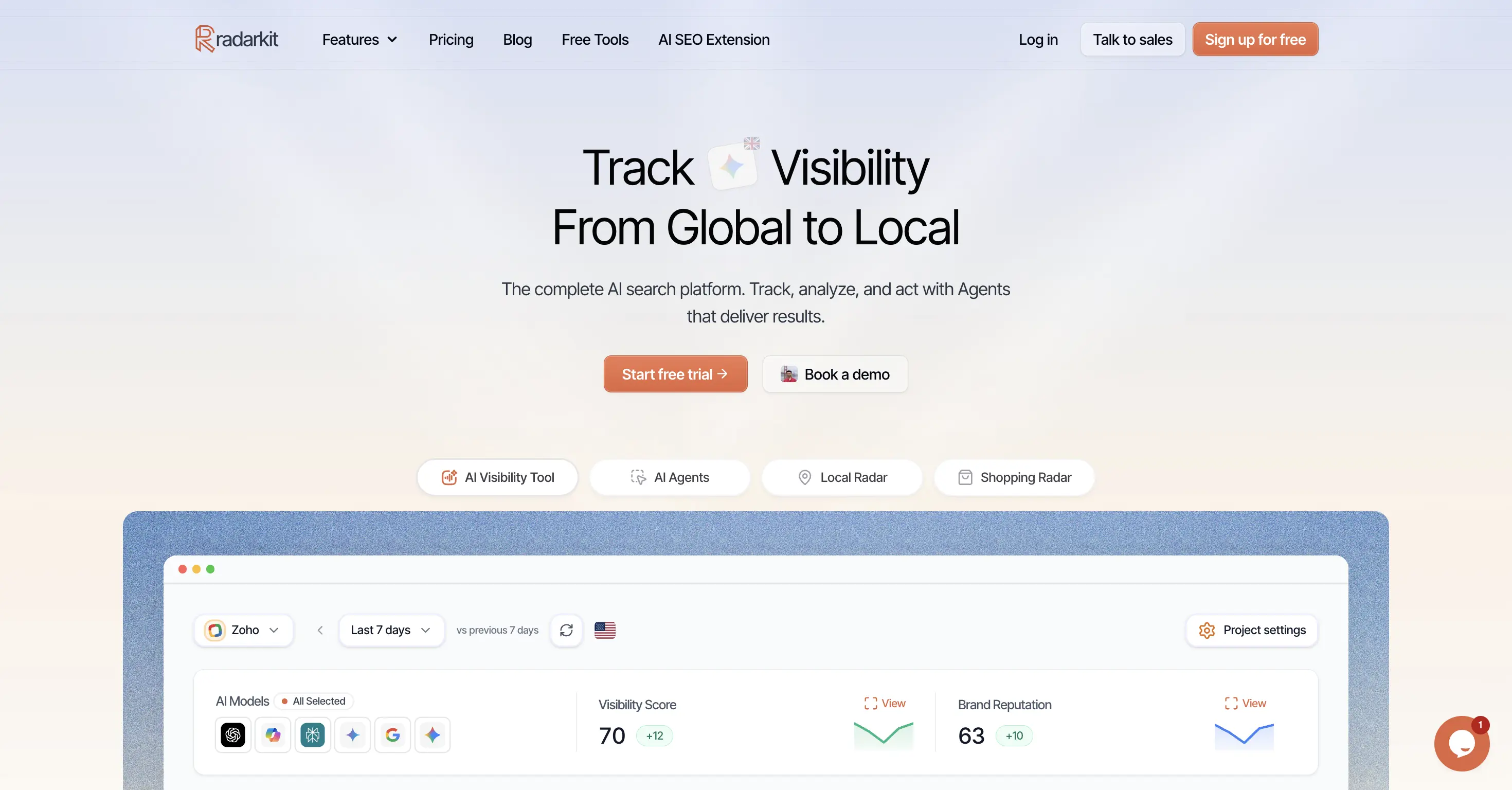 RadarKit homepage: "Track AI Visibility From Global to Local", with tabs for AI Visibility Tool, AI Agents, Local Radar, and Shopping Radar.