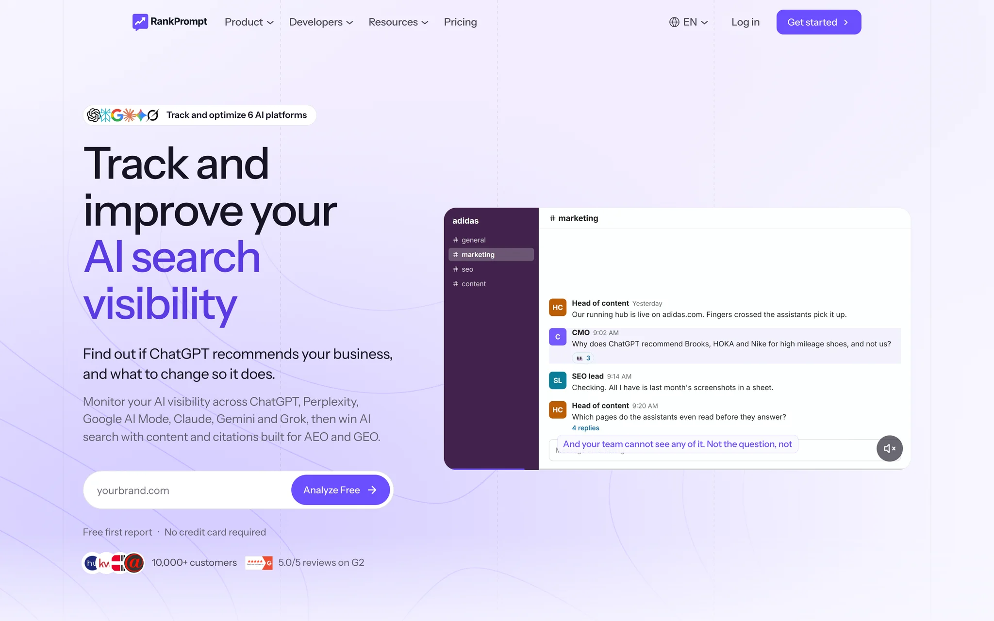 Rank Prompt homepage: "Track and improve your AI search visibility" across six AI platforms.