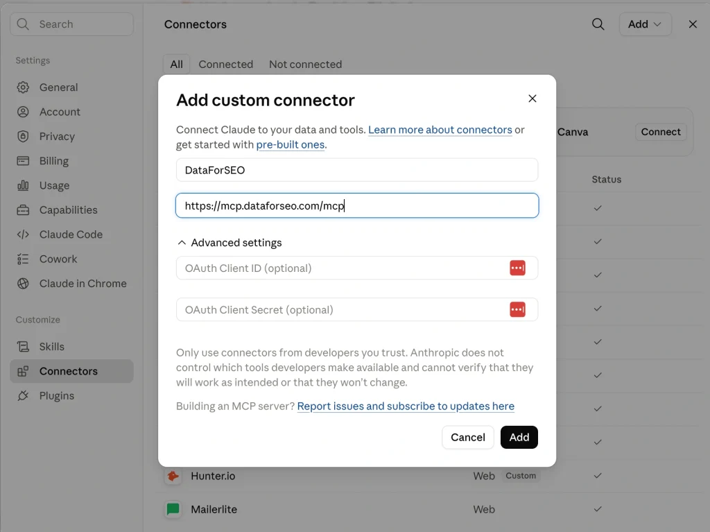 The "Add custom connector" option in Claude Code.