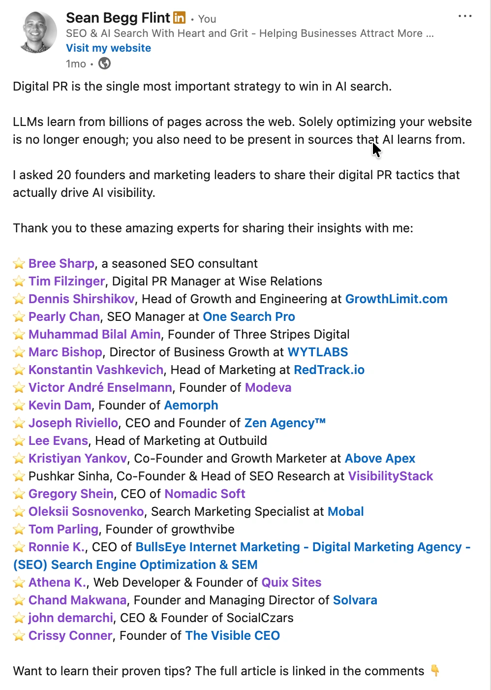 Sean Begg Flint's ego-bait LinkedIn post.
