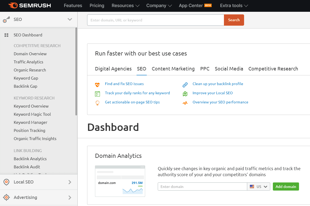 SEMrush dashboard for SEO, content marketing, and link building, ideal for startups and B2B SaaS SEO agencies seeking growth.