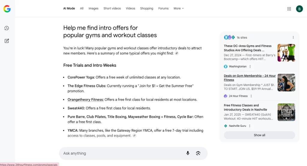 Google's AI Mode showing an answer for popular gyms and workout classes.
