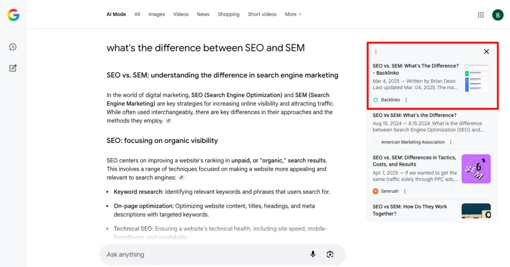 AI Mode's answer for the difference between SEO and SEM, citing Backlinko as the top source.