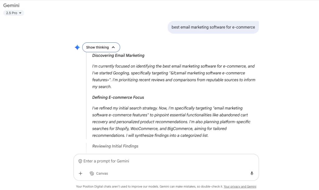 The background searches of Gemini 2.5 Pro for the query "best email marketing software for e-commerce."