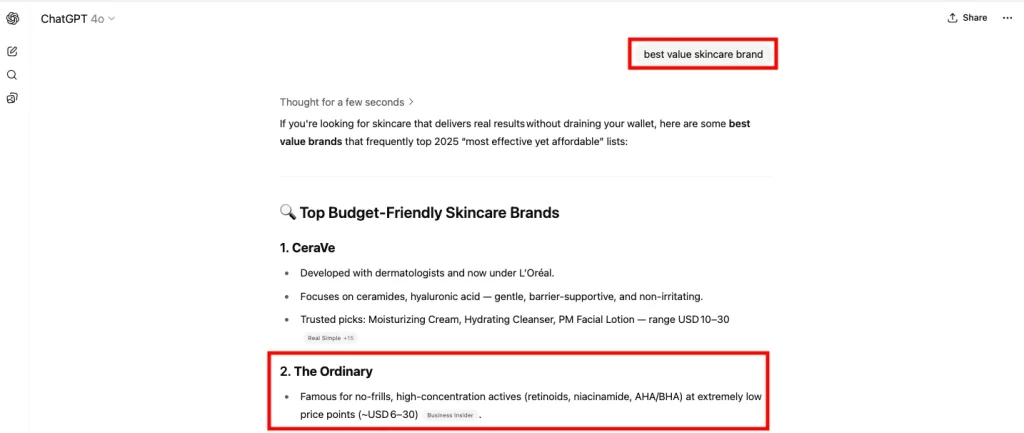 The Ordinary is recommended by ChatGPT for the best value skincare brand.