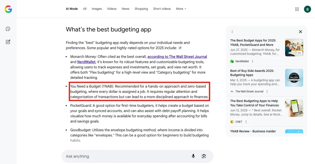 Screenshot of a webpage listing top budgeting apps, highlighting 'You Need a Budget' for its hands-on, zero-based approach.