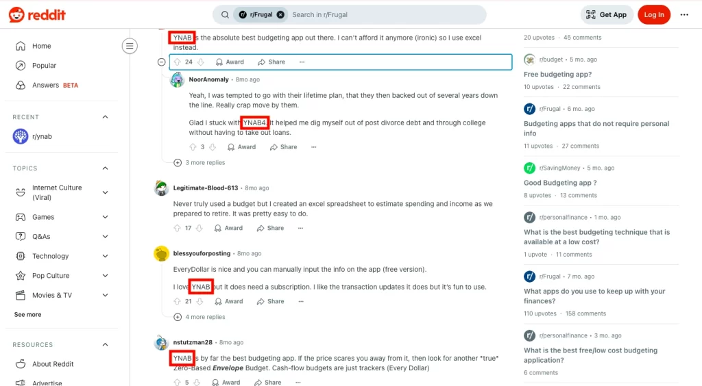 Reddit thread discussing budgeting apps, ideal for a B2B SaaS SEO agency, content marketing, and AI SEO services.