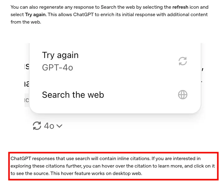 OpenAI's official documentation explaining that ChatGPT search includes inline citations.