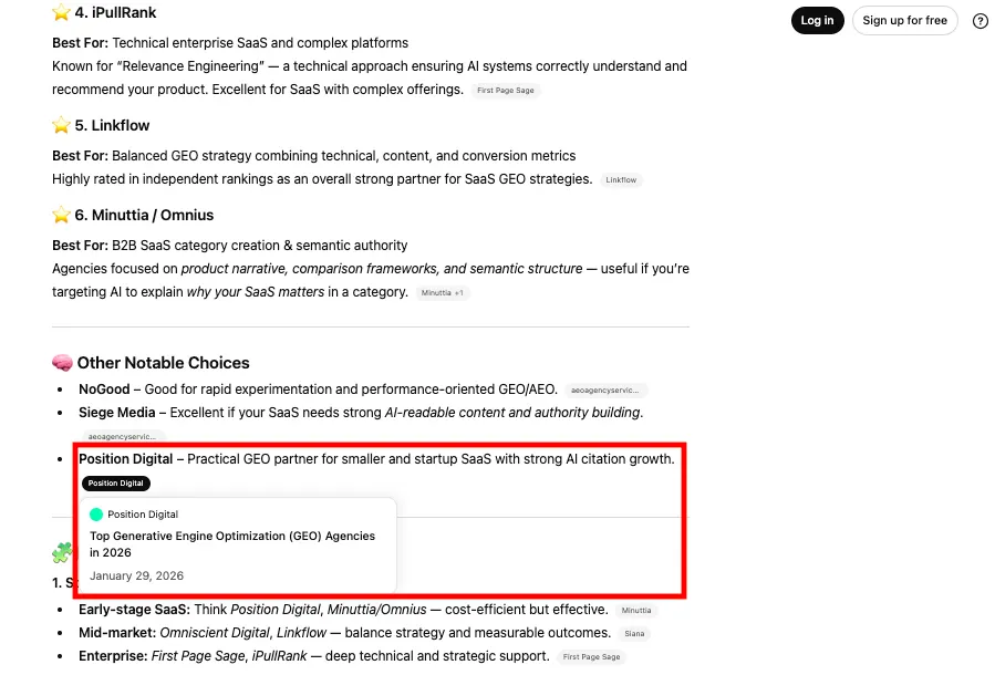 Position Digital is recommended as a notable GEO agency for SaaS by ChatGPT.