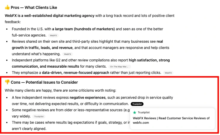 TrustPilot citations in a ChatGPT answer.