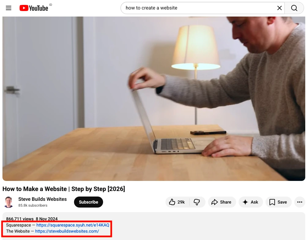 A YouTube video on how to make a website with sponsored links to Squarespace and The Website.