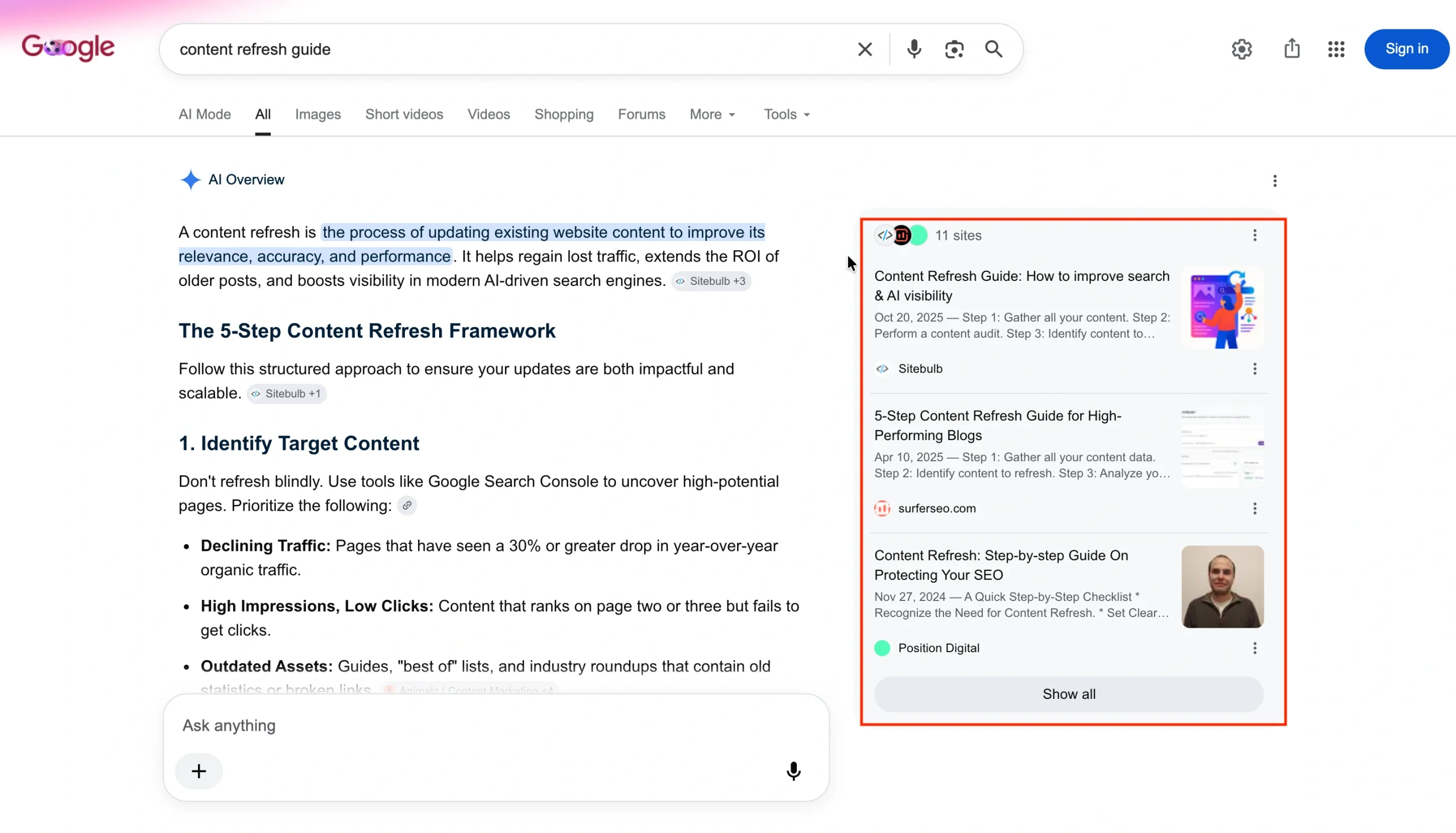 AI Overview citations for content refresh guide.