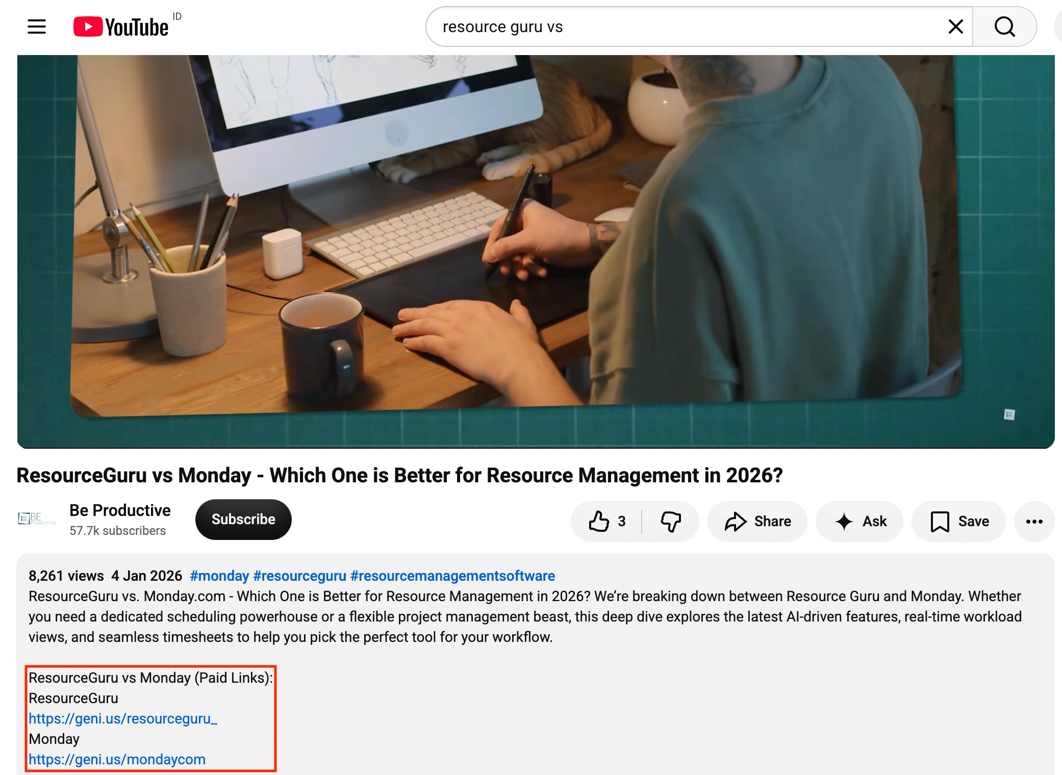 A YouTube video comparing Resource Guru vs Monday.com.