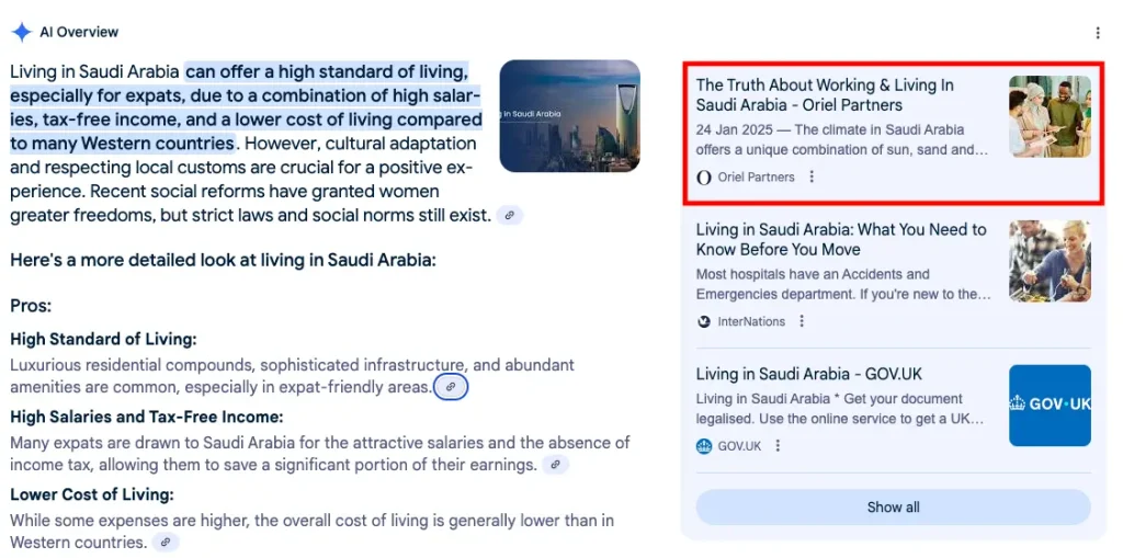 AI Overview citing Oriel Partners as one of the top sources for the term "living in saudi arabia."