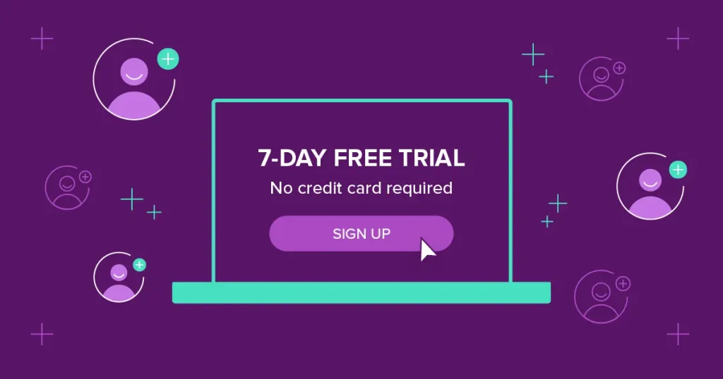 7-day free trial CTA example for SaaS landing pages with clear call to action and no credit card required.