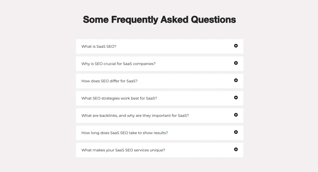 Landing page FAQ section example for SEO and user objections, optimized to convert visitors and answer common questions.