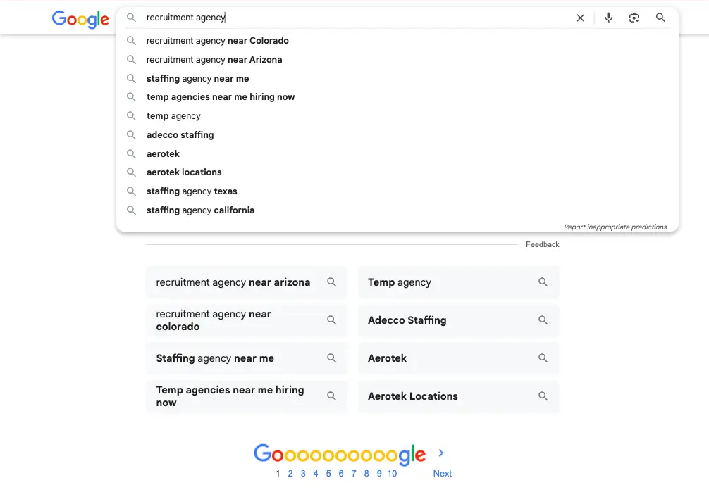Search results for "recruitment agency" on Google, showcasing Position Digital's SEO services for startups and B2B brands.