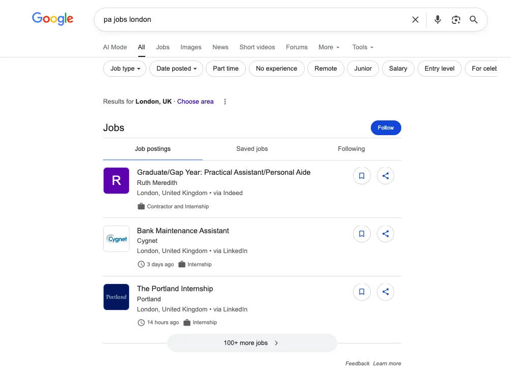 Google search results for the query "pa jobs london."