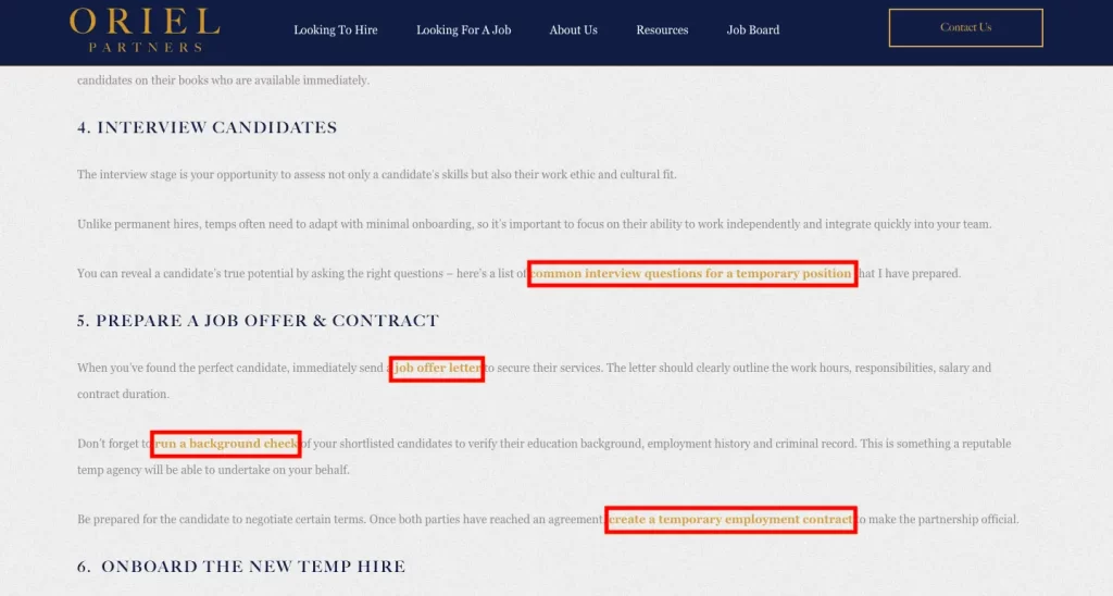 An example of internal linking within Oriel Partners' guide to hiring a temporary employee.