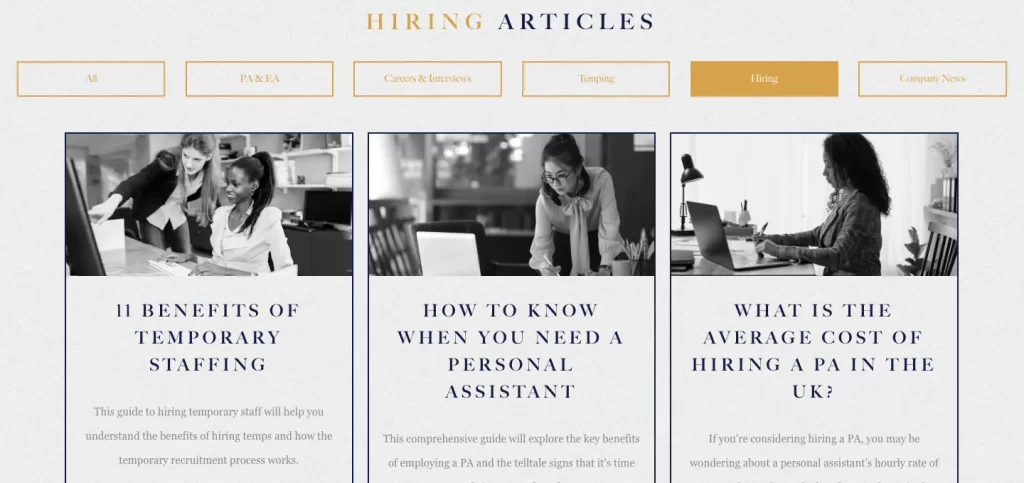 The Hiring blog section on Oriel Partners' website.