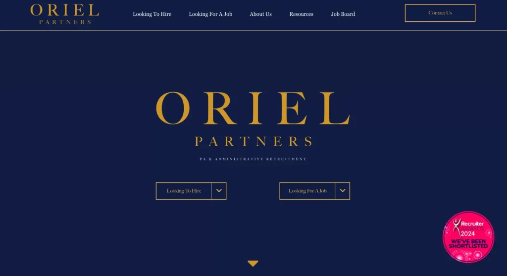 The homepage of Oriel Partners, a boutique recruitment agency based in London.
