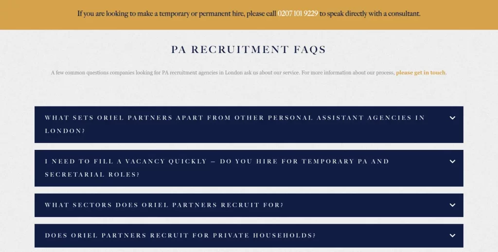 PA recruitment FAQ page with questions on hiring and services, ideal for a B2B SEO agency or content marketing agency focus.