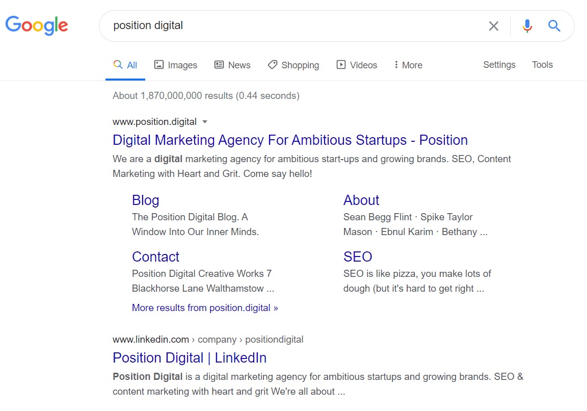 Search results for "Position Digital," a London-based SEO agency for startups, offering AI SEO, content, and link building services.