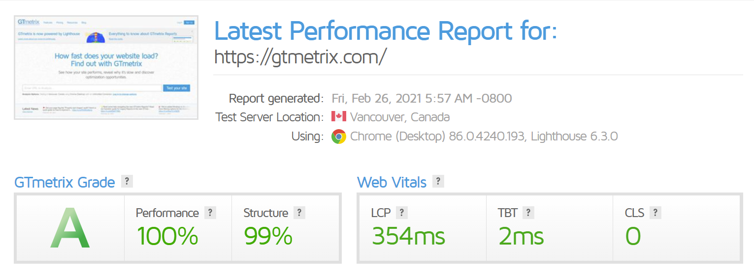 gtmetrix performance report