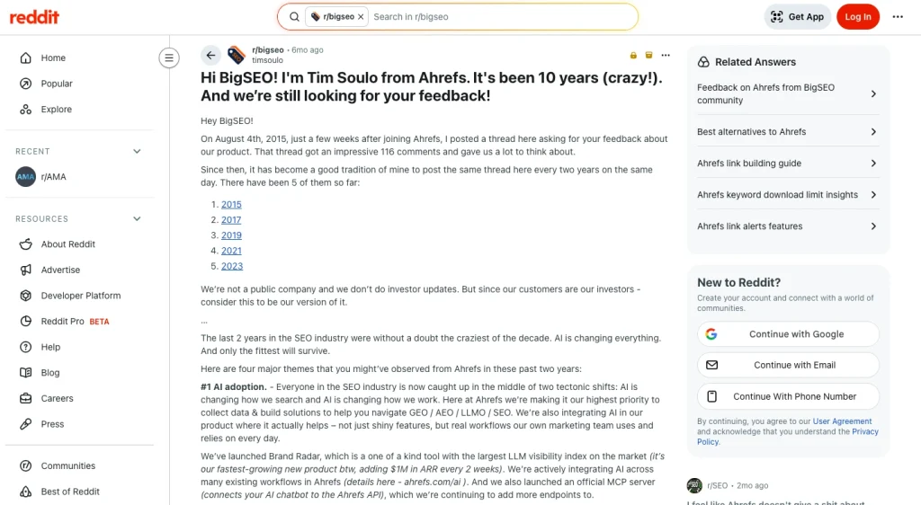 Ahrefs' product feedback thread on Reddit.
