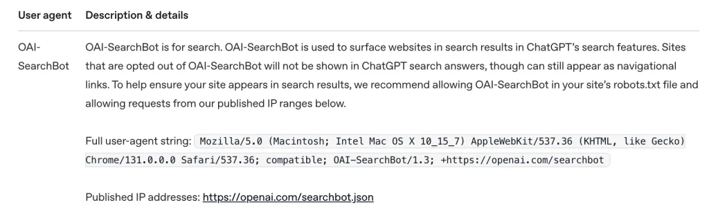 The description of OAI-SearchBot on OpenAI's website.