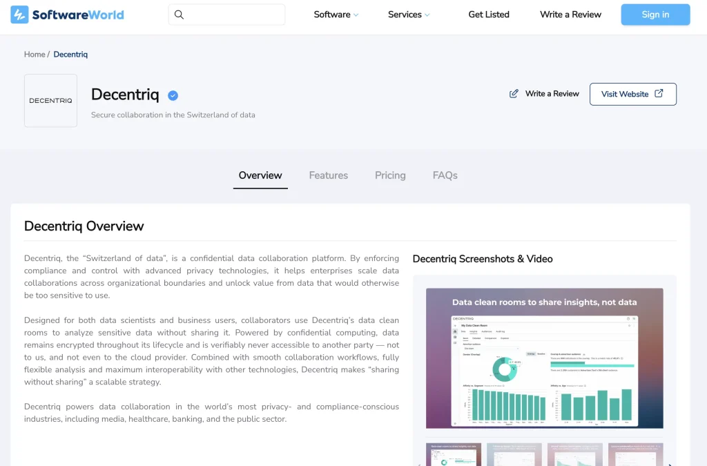 Decentriq is listed in a SaaS directory called SoftwareWorld.