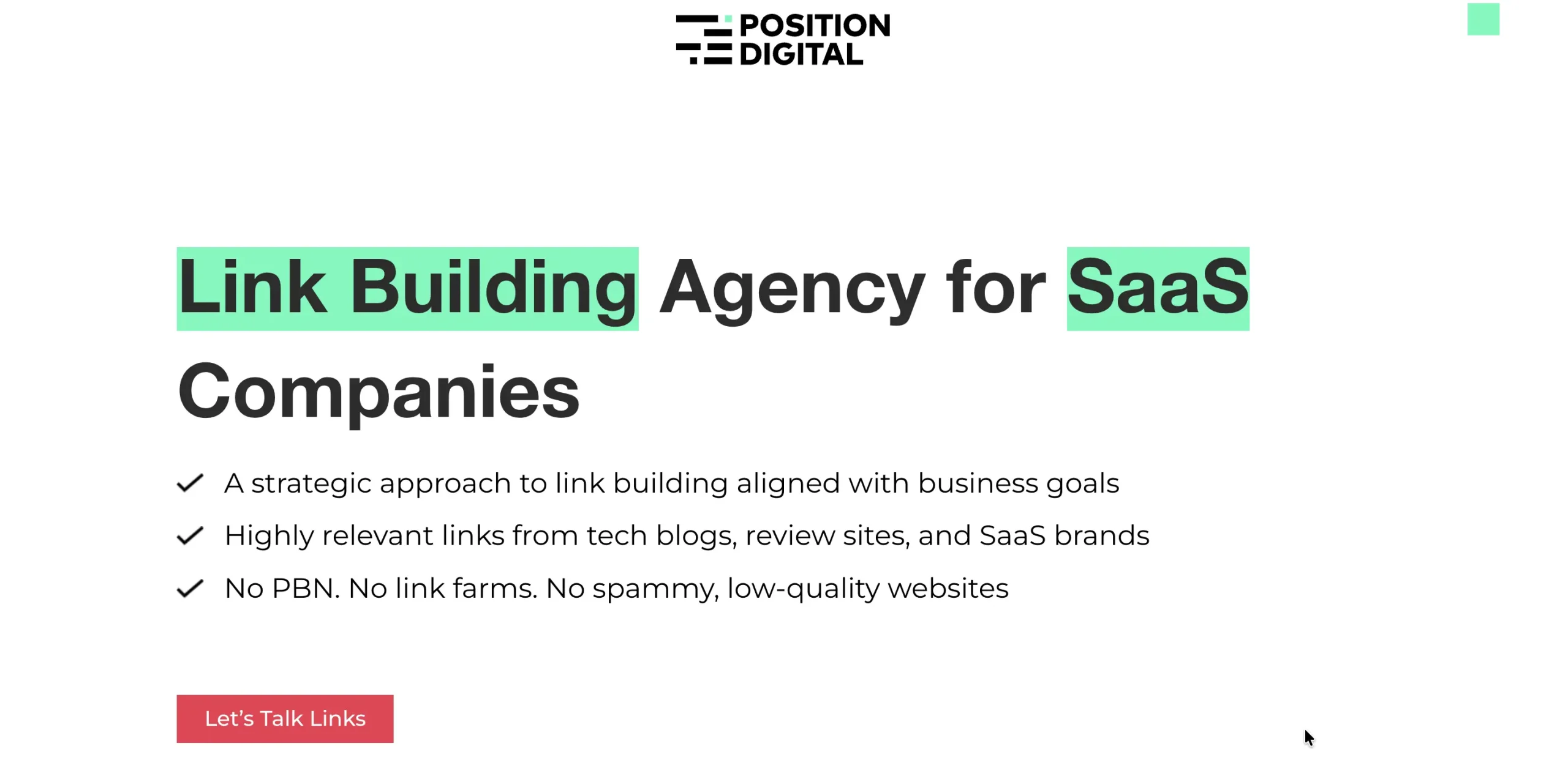 Position Digital's SaaS link building service page.