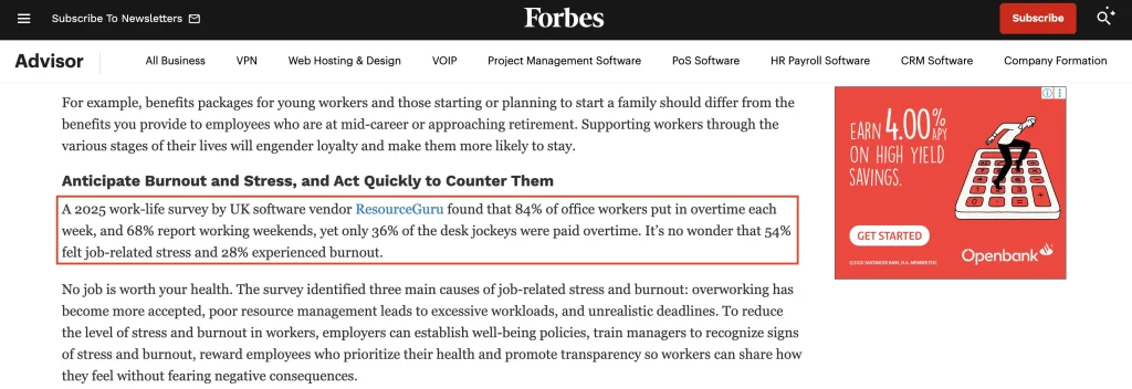 Resource Guru's report is cited by Forbes.